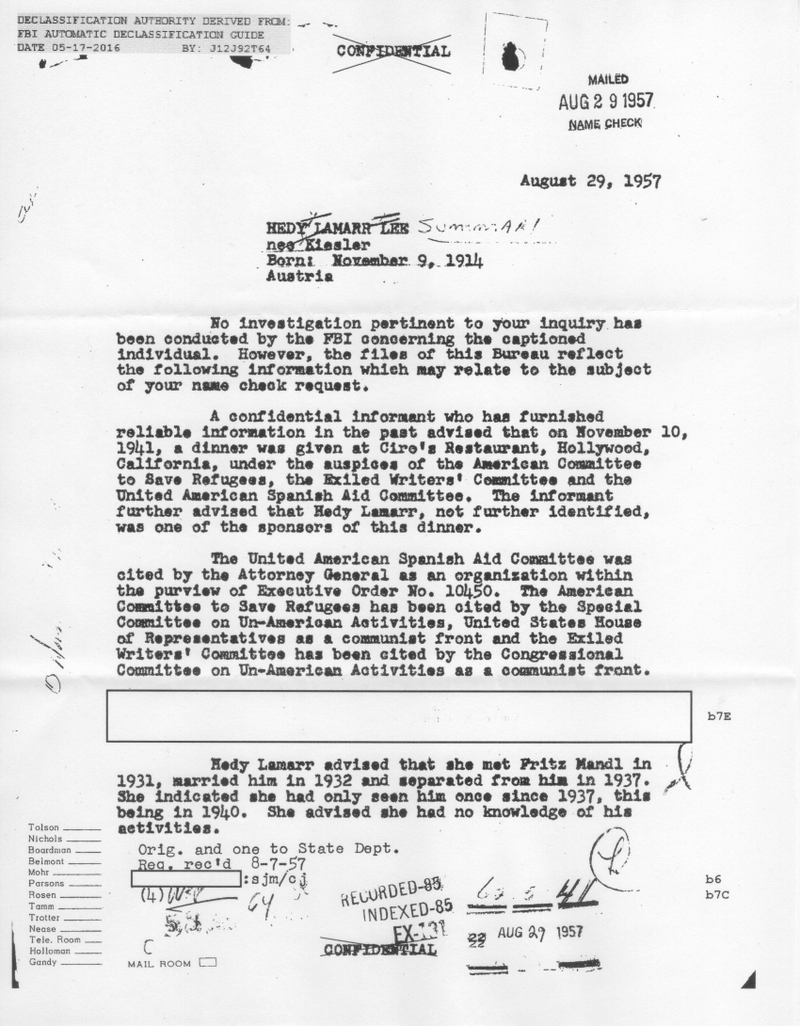 Page 1 of Hedy Lamarr’s FBI file
